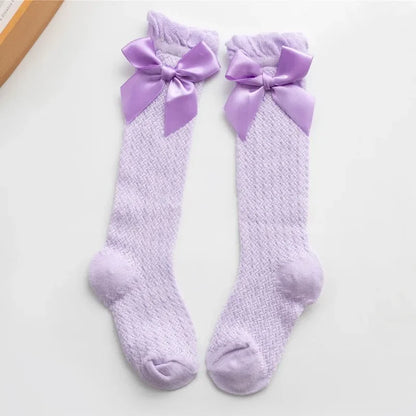 Cute Big Bowknot Newborn Baby Socks Outdoor Mosquito Proof Mesh Baby Girl Boys Socks Solid Color Infant Toddler Knee High Socks