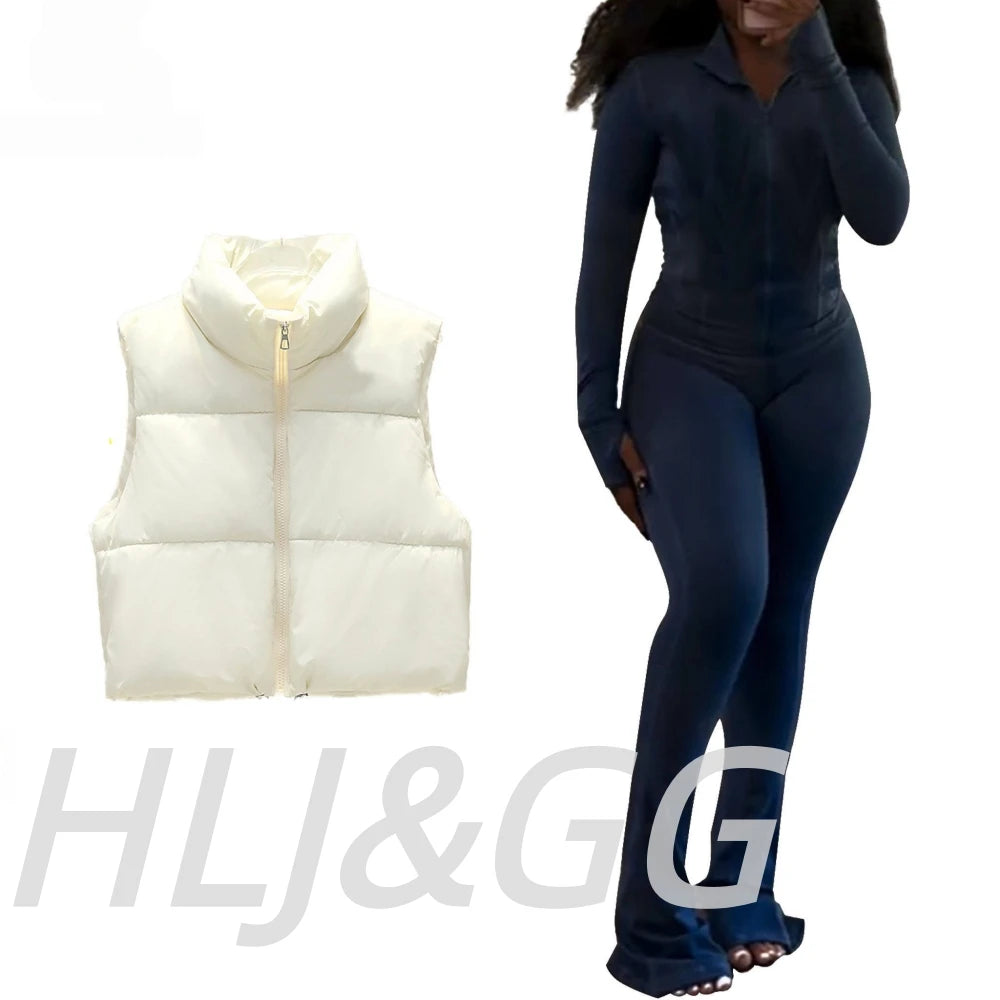 HLJ&GG Winter New Puffer Vest 3 Piece Sets Women Zipper Long Sleeve Top+Cotton Jacket+Legging Pants Outfits Casual Tracksuits BR