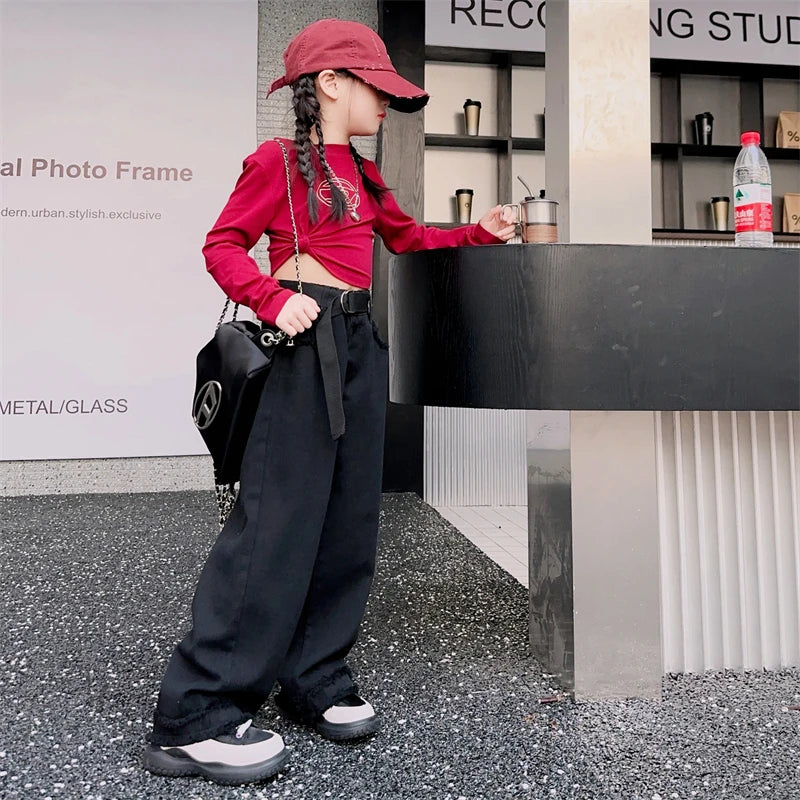 Girls Jeans Spring Autumn Loose Wide Leg Pants for Kids Casual All-match Teenage School Children Trousers 10 12 13 kids clothes