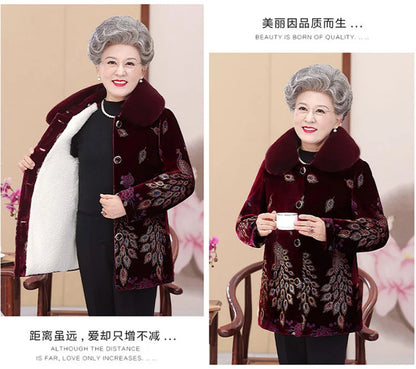 Embroid Winter Clothes Mid-Long Thick Cotton Clothes Women's Cotton-Padded Jacket Grandmother's Golden Velvet Fur Collar Parka