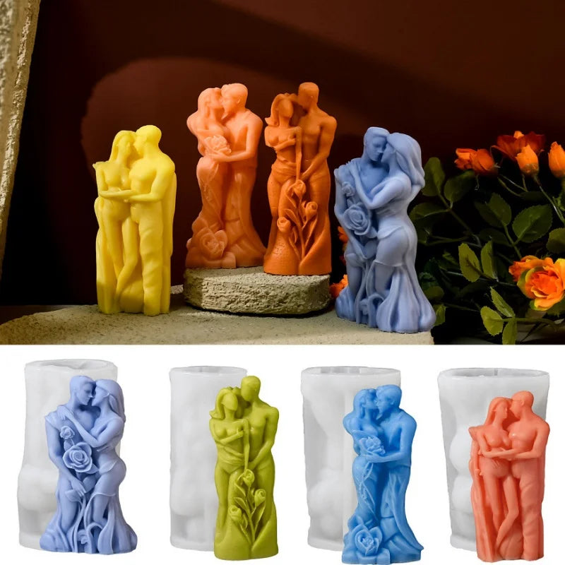 3D Valentine's Day Candle Mold DIY Handheld Rose Couple Kiss Sculpture Aromatherapy Gypsum Mold Chocolate Cake Baking Decor Gift