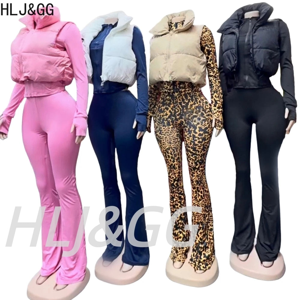 HLJ&GG Winter New Puffer Vest 3 Piece Sets Women Zipper Long Sleeve Top+Cotton Jacket+Legging Pants Outfits Casual Tracksuits BR
