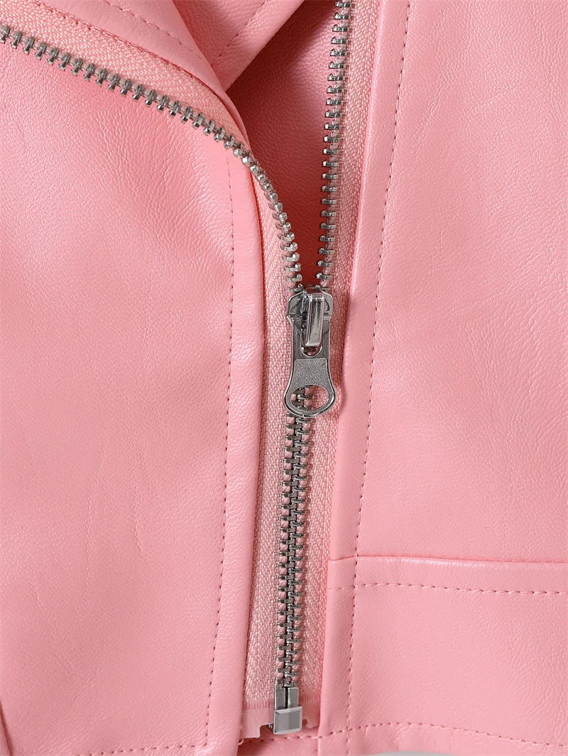 Girls Leather Jackets 2026 Spring Kids Cycling PU Leather Coats Autumn Children's Fashion Turn-down Clothing 2-6 Years Old
