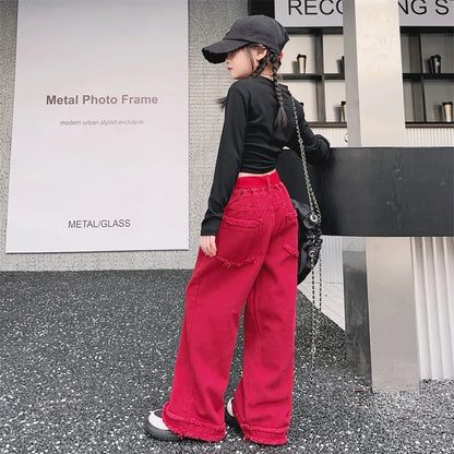 Girls Jeans Spring Autumn Loose Wide Leg Pants for Kids Casual All-match Teenage School Children Trousers 10 12 13 kids clothes