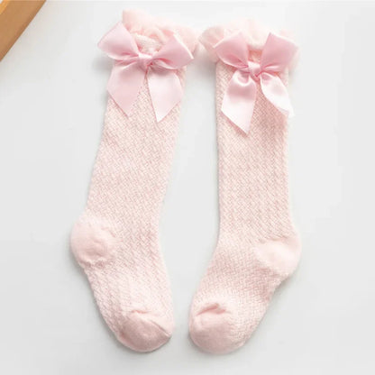 Cute Big Bowknot Newborn Baby Socks Outdoor Mosquito Proof Mesh Baby Girl Boys Socks Solid Color Infant Toddler Knee High Socks