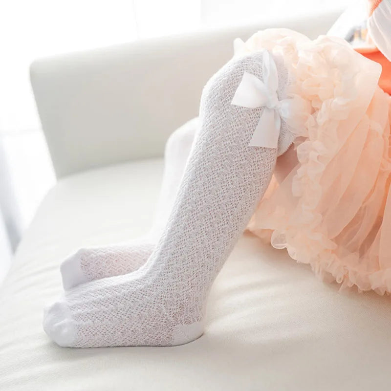 Cute Big Bowknot Newborn Baby Socks Outdoor Mosquito Proof Mesh Baby Girl Boys Socks Solid Color Infant Toddler Knee High Socks