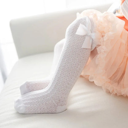 Cute Big Bowknot Newborn Baby Socks Outdoor Mosquito Proof Mesh Baby Girl Boys Socks Solid Color Infant Toddler Knee High Socks