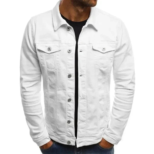 Mens Denim Streetwear Jacket Cotton Casual Slim Fit (White)
