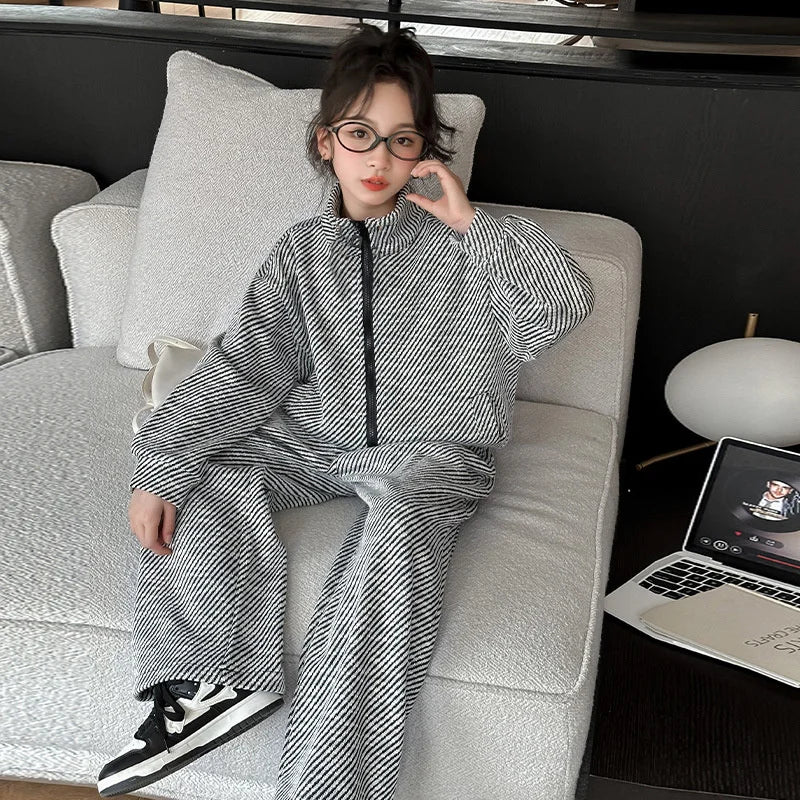 Teen Girls Sets 2025 New Children Spring Fashion Suit Kids  Striped Jackets+Loose Sports Pants 2 Pcs Outfits New Clothing Set