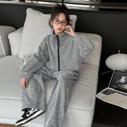 Teen Girls Sets 2025 New Children Spring Fashion Suit Kids  Striped Jackets+Loose Sports Pants 2 Pcs Outfits New Clothing Set