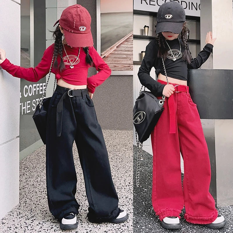 Girls Jeans Spring Autumn Loose Wide Leg Pants for Kids Casual All-match Teenage School Children Trousers 10 12 13 kids clothes