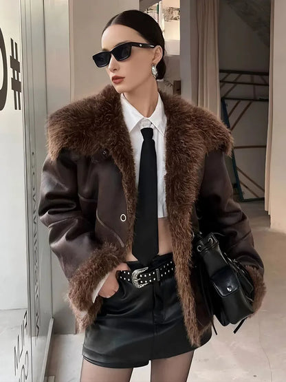 HH Women 2025 Winter New Fashion Versatile Fur One-Piece Thickened Jacket Female Personality Temperament Warm Retro Coat Mujer