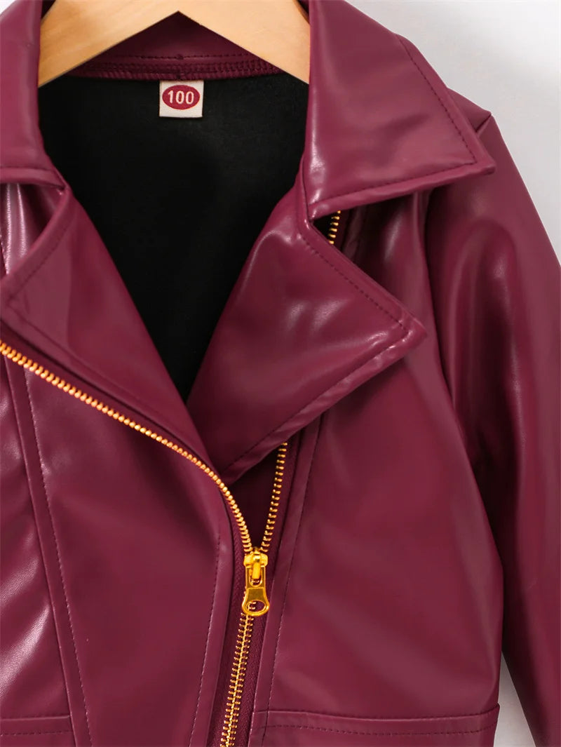 Girls Leather Jackets 2026 Spring Kids Cycling PU Leather Coats Autumn Children's Fashion Turn-down Clothing 2-6 Years Old