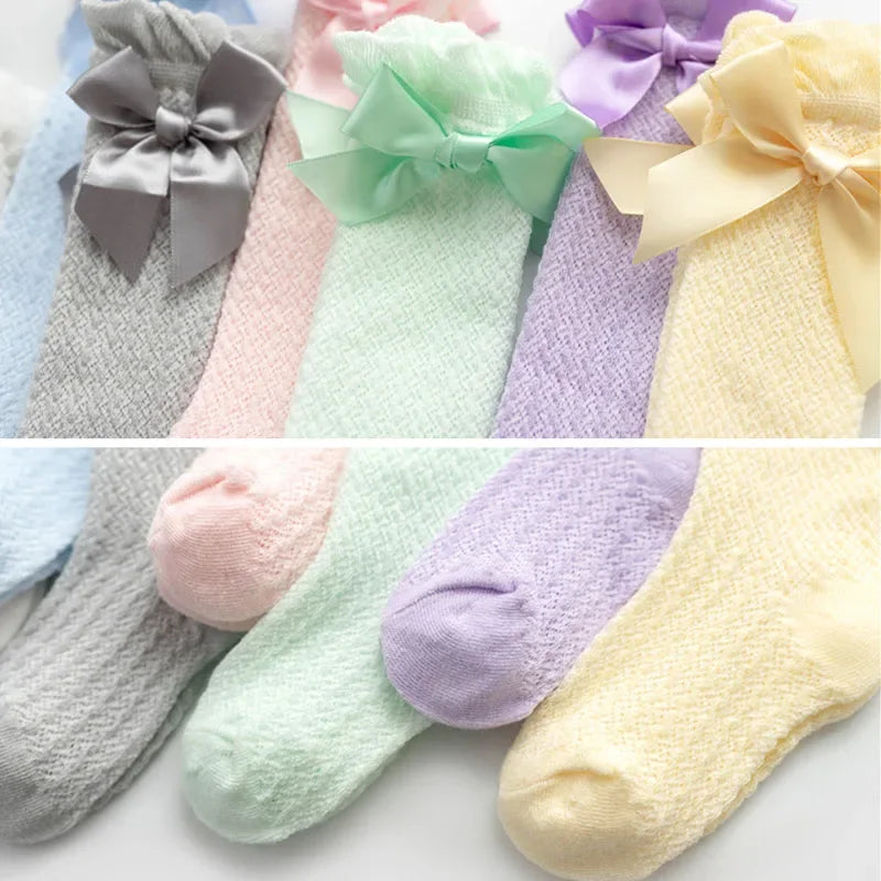 Cute Big Bowknot Newborn Baby Socks Outdoor Mosquito Proof Mesh Baby Girl Boys Socks Solid Color Infant Toddler Knee High Socks