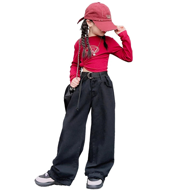 Girls Jeans Spring Autumn Loose Wide Leg Pants for Kids Casual All-match Teenage School Children Trousers 10 12 13 kids clothes