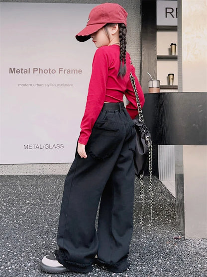 Girls Jeans Spring Autumn Loose Wide Leg Pants for Kids Casual All-match Teenage School Children Trousers 10 12 13 kids clothes