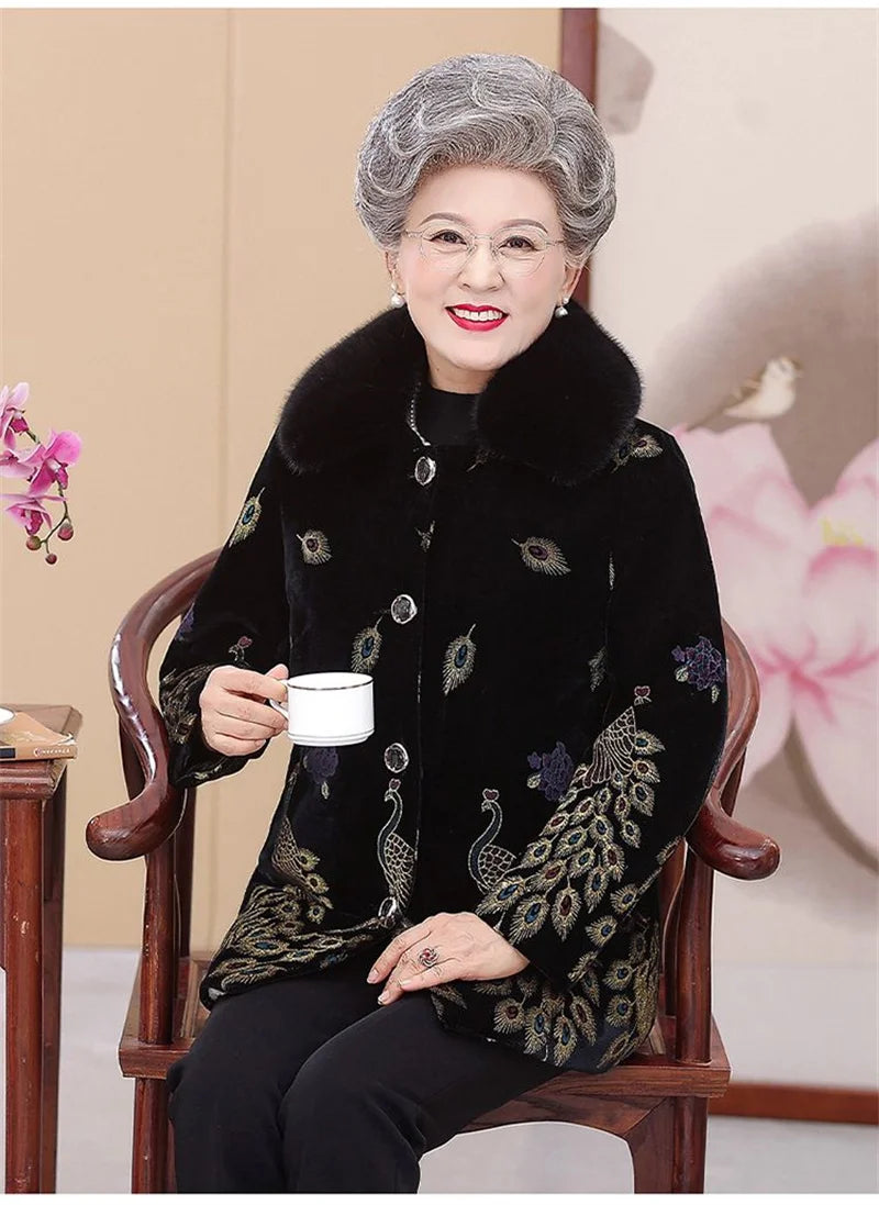 Embroid Winter Clothes Mid-Long Thick Cotton Clothes Women's Cotton-Padded Jacket Grandmother's Golden Velvet Fur Collar Parka
