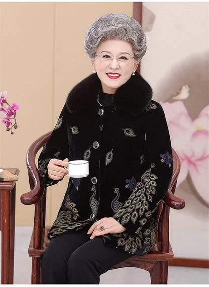 Embroid Winter Clothes Mid-Long Thick Cotton Clothes Women's Cotton-Padded Jacket Grandmother's Golden Velvet Fur Collar Parka