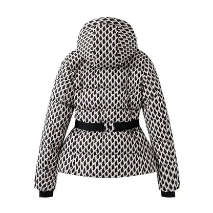 Women's Winter Hooded High Waist Padded Sport Parkas Coats with Belt Female Elegant Thick Warm Pockets Windproof Skiing Jackets