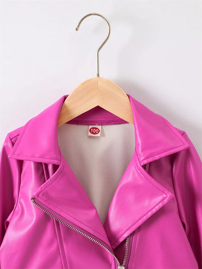 Girls Leather Jackets 2026 Spring Kids Cycling PU Leather Coats Autumn Children's Fashion Turn-down Clothing 2-6 Years Old