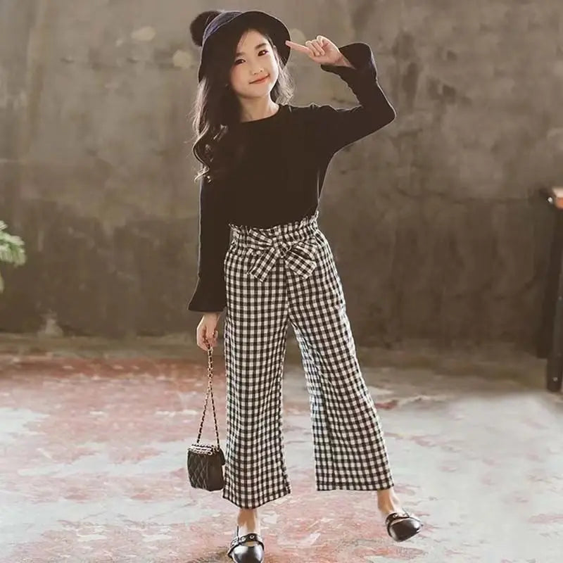 Kids Girls Clothing Sets 2026 Autumn Long Sleeve T-shirts + Plaid Wide Leg Pants 2PCS Children's Clothes Teen 6 8 10 12 14 Years