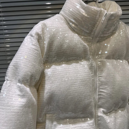 DEAT 2025 Winter New Trendy Shiny Sequin Fabric Stand Collar Warm Jacket For Women High Waist Cotton-padded Coat Female 11A07257