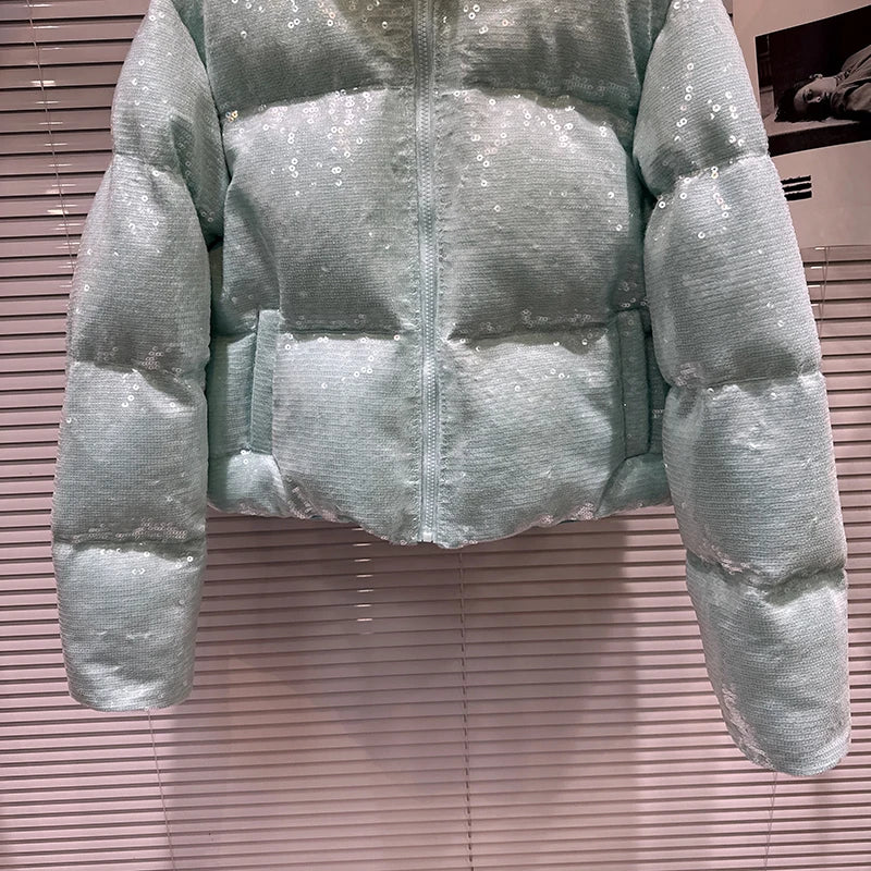 DEAT 2025 Winter New Trendy Shiny Sequin Fabric Stand Collar Warm Jacket For Women High Waist Cotton-padded Coat Female 11A07257
