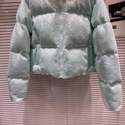 DEAT 2025 Winter New Trendy Shiny Sequin Fabric Stand Collar Warm Jacket For Women High Waist Cotton-padded Coat Female 11A07257