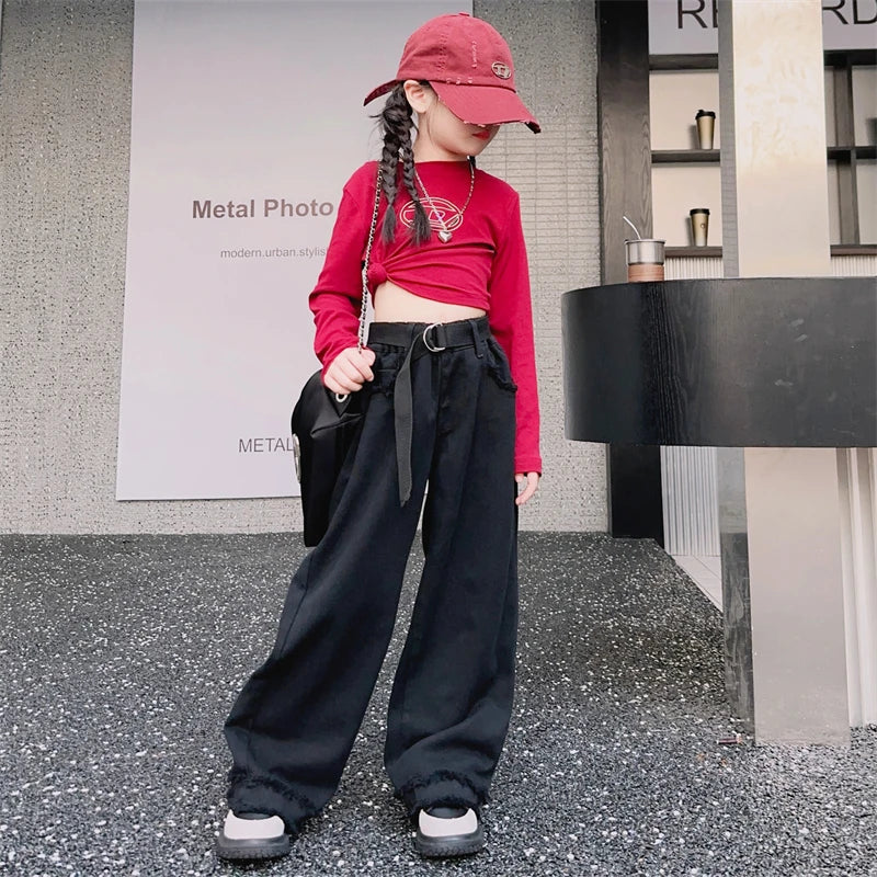Girls Jeans Spring Autumn Loose Wide Leg Pants for Kids Casual All-match Teenage School Children Trousers 10 12 13 kids clothes