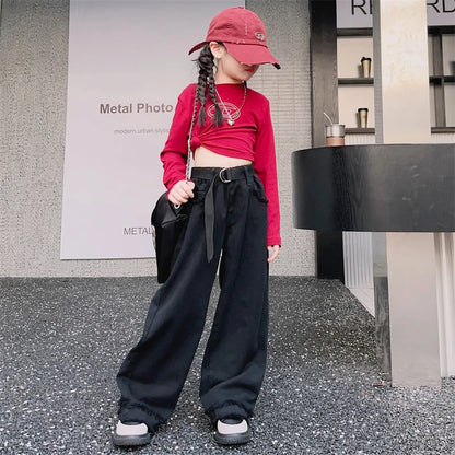 Girls Jeans Spring Autumn Loose Wide Leg Pants for Kids Casual All-match Teenage School Children Trousers 10 12 13 kids clothes
