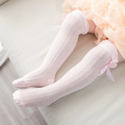 Cute Big Bowknot Newborn Baby Socks Outdoor Mosquito Proof Mesh Baby Girl Boys Socks Solid Color Infant Toddler Knee High Socks