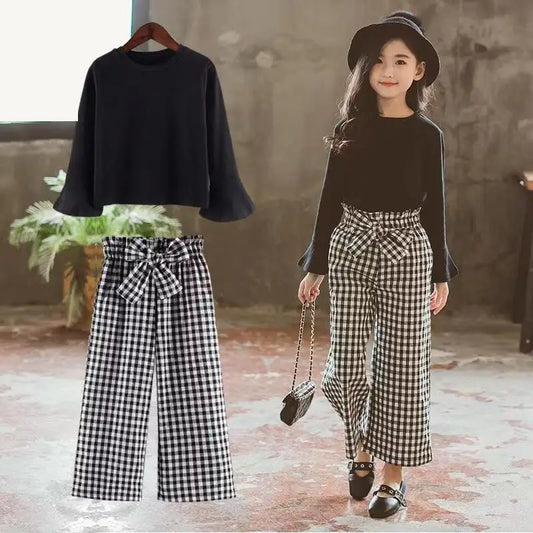 Kids Girls Clothing Sets 2026 Autumn Long Sleeve T-shirts + Plaid Wide Leg Pants 2PCS Children's Clothes Teen 6 8 10 12 14 Years