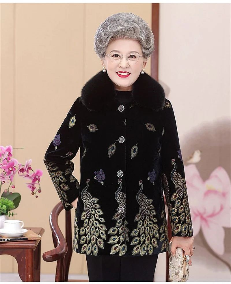 Embroid Winter Clothes Mid-Long Thick Cotton Clothes Women's Cotton-Padded Jacket Grandmother's Golden Velvet Fur Collar Parka