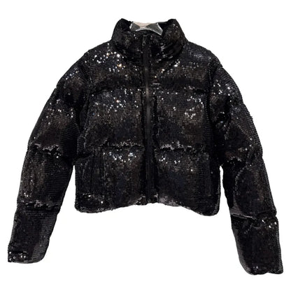 DEAT 2025 Winter New Trendy Shiny Sequin Fabric Stand Collar Warm Jacket For Women High Waist Cotton-padded Coat Female 11A07257