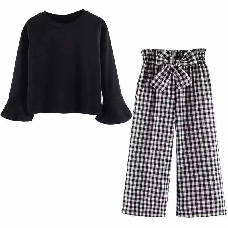 Kids Girls Clothing Sets 2026 Autumn Long Sleeve T-shirts + Plaid Wide Leg Pants 2PCS Children's Clothes Teen 6 8 10 12 14 Years