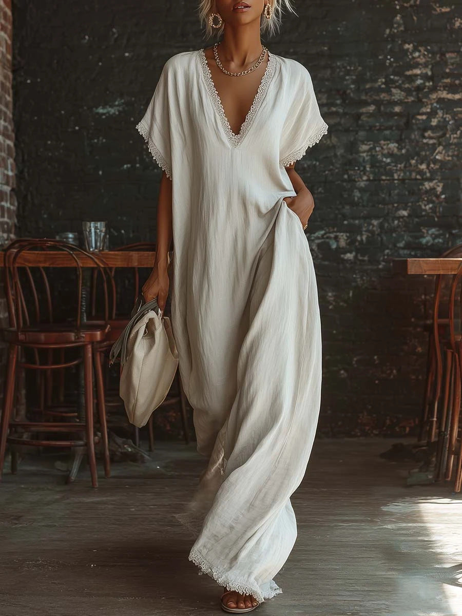 European And American Style Casual Elegant Comfortable Lace-trimmed Loose Linen Cotton Long Dress