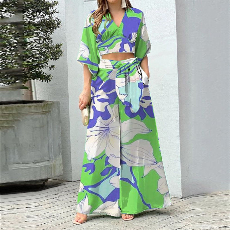 Fashionable Casual Top And High-waisted Wide-leg Pants Set