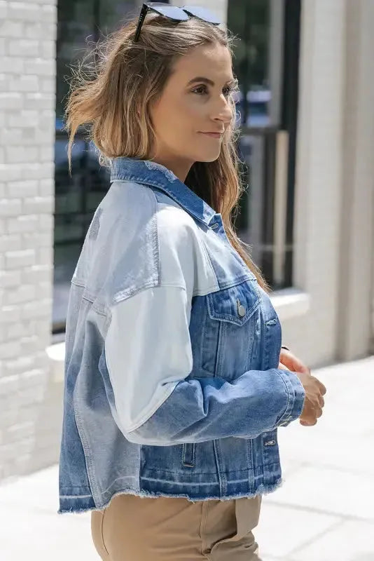 Color Block Frayed Denim Jacket