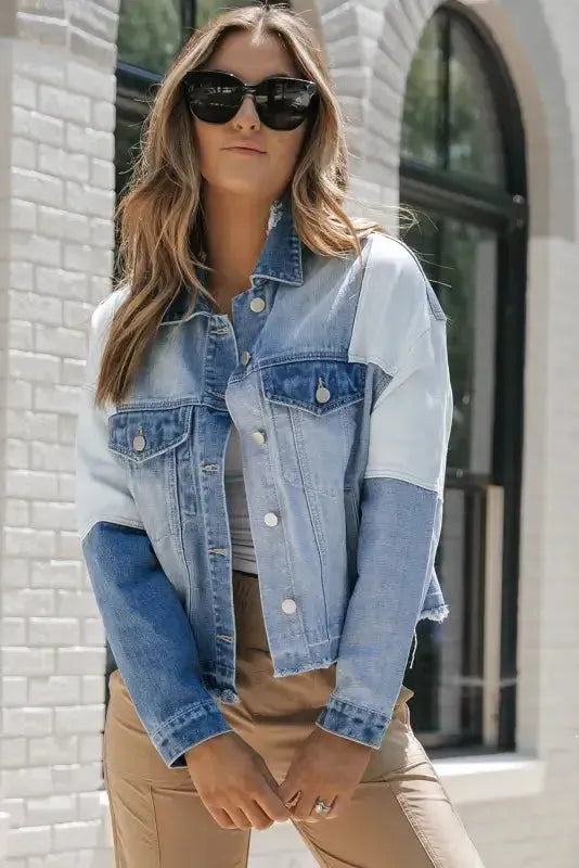 Color Block Frayed Denim Jacket