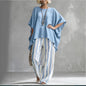 New Striped Batwing-Sleeve Loose Cotton-Linen Two-Piece Set