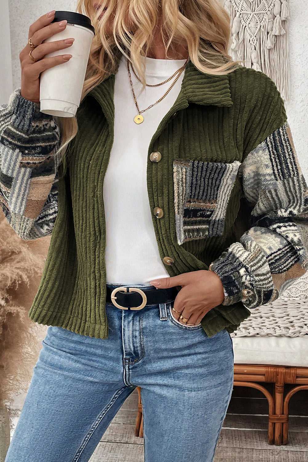 Green Plaid Corduroy Fleece Jacket