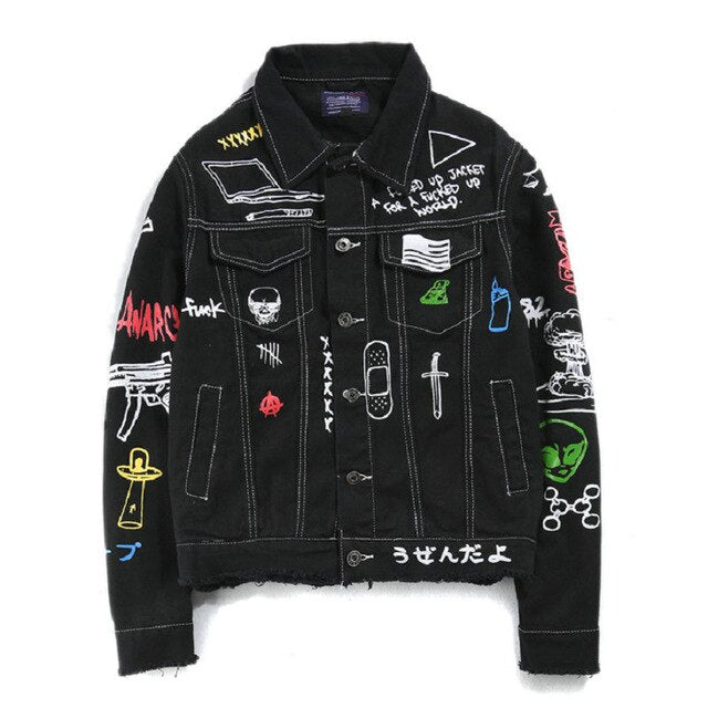 Hip Hop Fashion Printed Jeans Jacket Men  Autumn Winter Streetwear Denim Jackets Coats Cowboy Jacket Jaqueta masculina