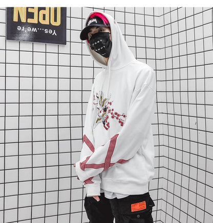 Flower Animal Embroidery Pullover Hoodie Men Chinese Style Casual Hoodies Sweatshirts Fashion Hip Hop Streetwear