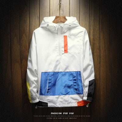Spring Hip Hop Mens Hooded Windbreaker Jacket Patchwork Vintage Loose Track Hoodie Jacket Coats Streetwear Chaqueta hombre