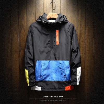 Spring Hip Hop Mens Hooded Windbreaker Jacket Patchwork Vintage Loose Track Hoodie Jacket Coats Streetwear Chaqueta hombre