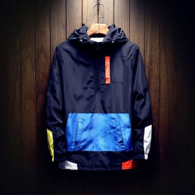 Spring Hip Hop Mens Hooded Windbreaker Jacket Patchwork Vintage Loose Track Hoodie Jacket Coats Streetwear Chaqueta hombre