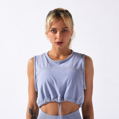 Sportswear Yoga Set Women GYM Clothing Solid Loose Tank Drawstring Crop Top Leggings Set Workout Running Fitness Tracksuit