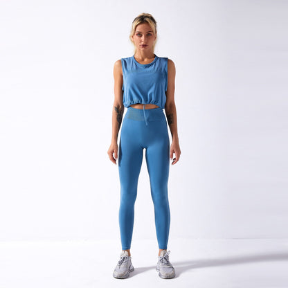 Sportswear Yoga Set Women GYM Clothing Solid Loose Tank Drawstring Crop Top Leggings Set Workout Running Fitness Tracksuit