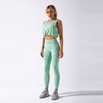 Sportswear Yoga Set Women GYM Clothing Solid Loose Tank Drawstring Crop Top Leggings Set Workout Running Fitness Tracksuit