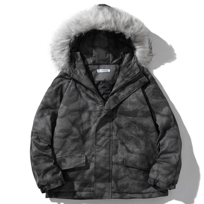 Hooded Parkas Winter Jacket Men Tie Dye Print Cargo Coats Jackets Retro Distressed Fashion Thicken Padded Outerwear Men